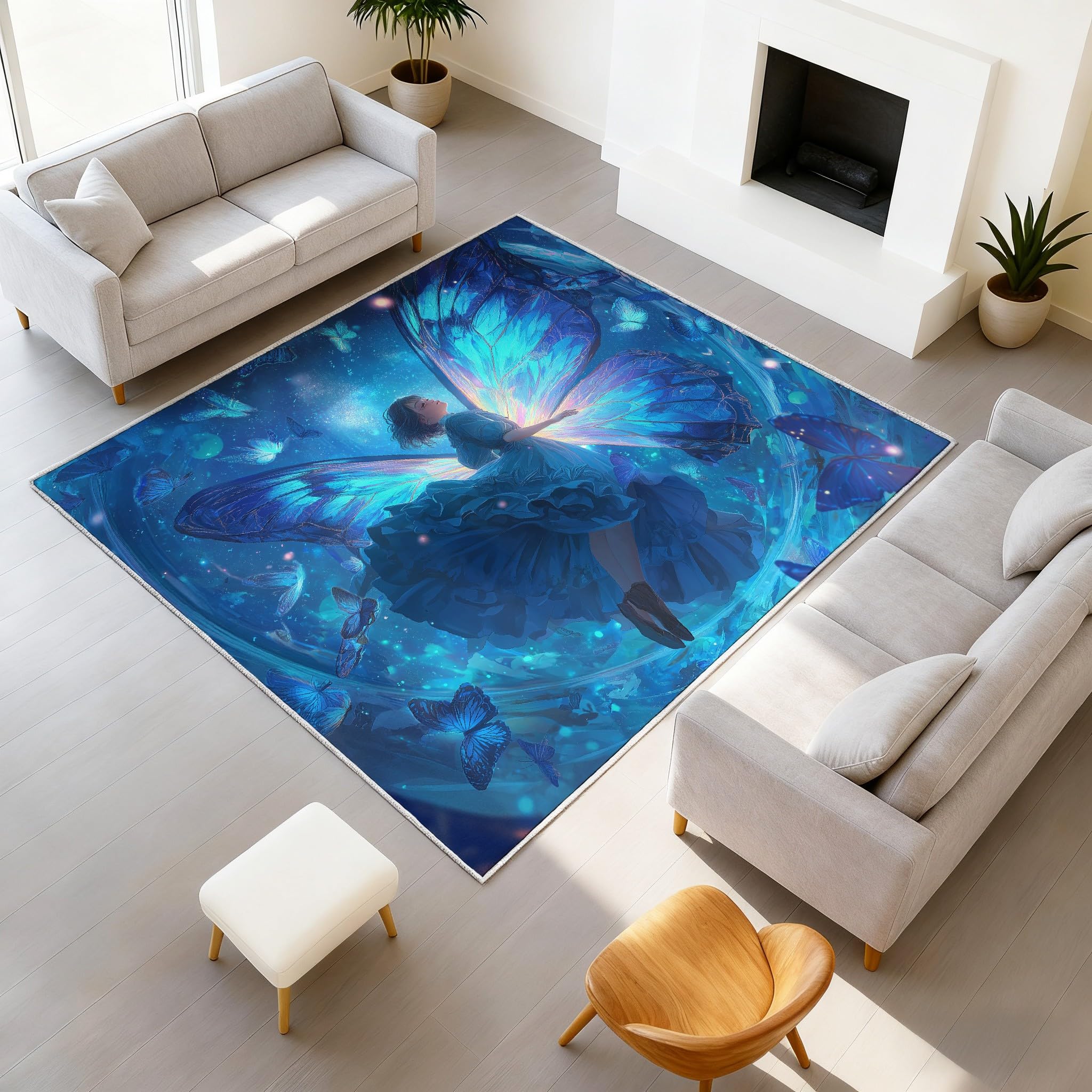 Générique Tapis De Salon Poils Ras Grand Anime Onirique Ciel Étoilé Intérieur Antidérapant Tapis Imprimé Fille Papillon Bleu Couleur, Paillasson Confortablex Lavable 60 x 90 cm