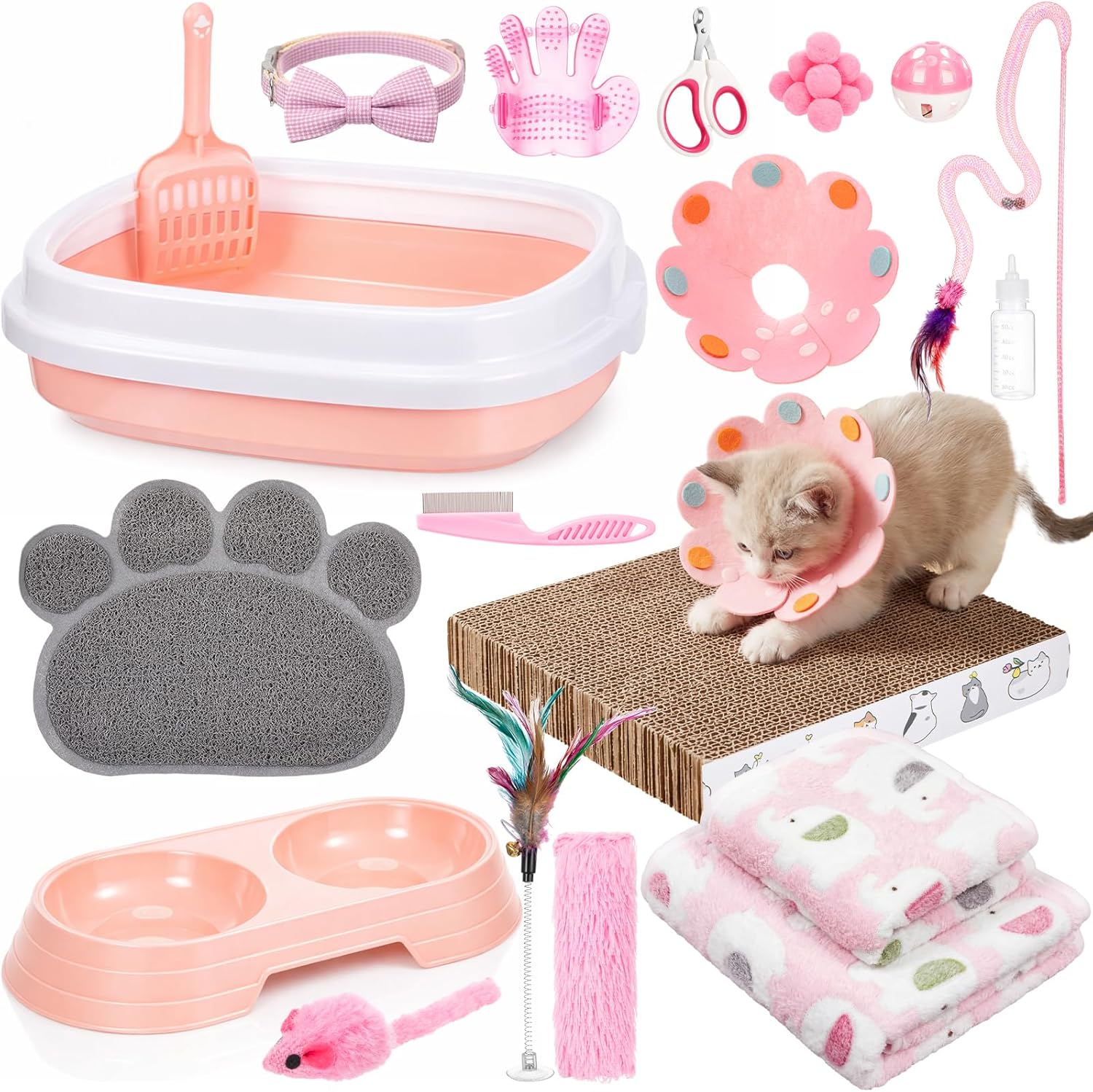 Leitee Kitten Starter Kit, 28 Pcs Cat Kitten Starter Kit Cats Essentials Set Includes Litter Box with Shovel, Toy, Paw Litter Mat, Collars, Nail File, Cat Bottle, Blanket for Kittens Supplies(Pink)