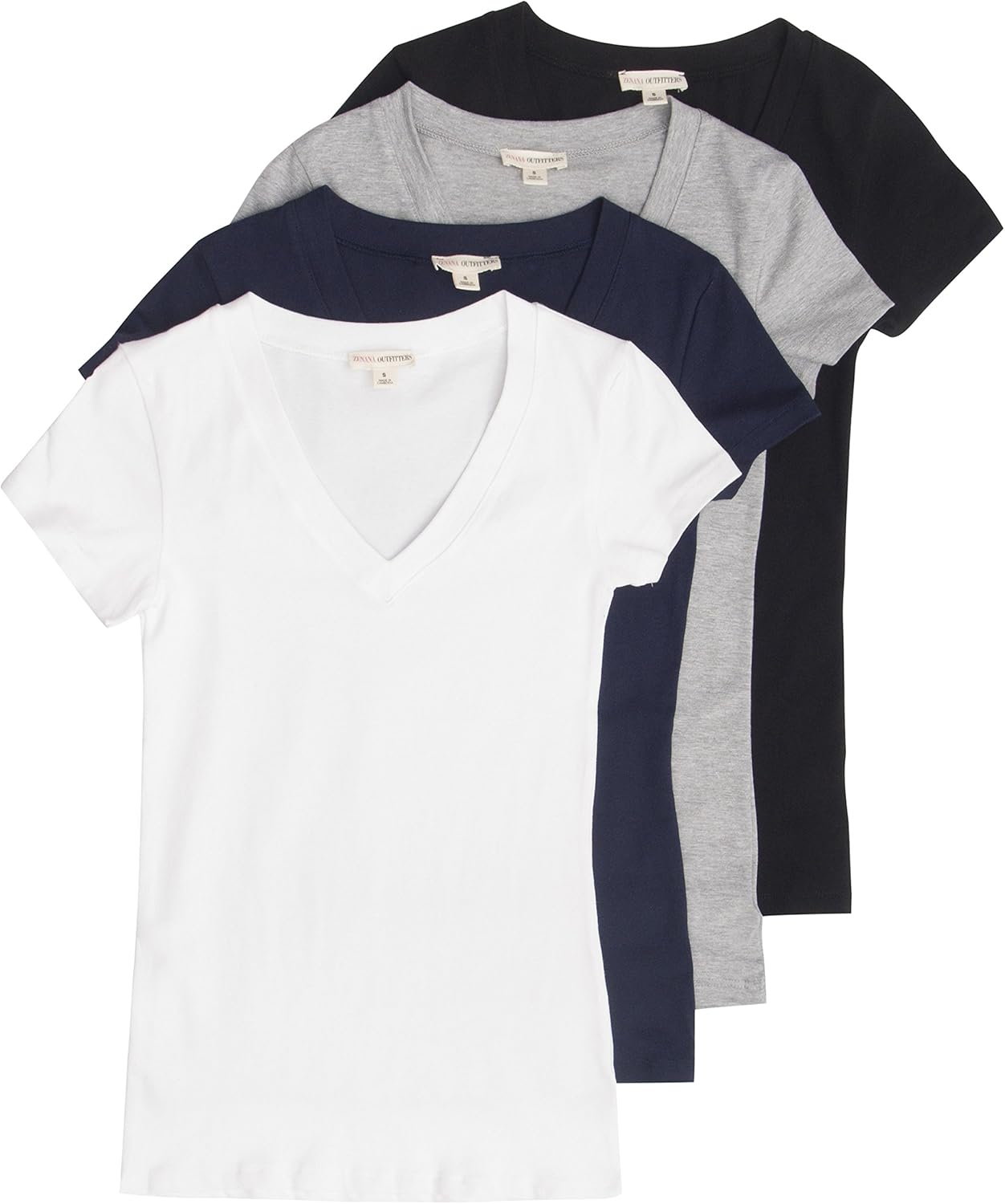 4 Pack Zenana Women's Basic V-Neck T-Shirts Small Black, White, Navy, H Gray