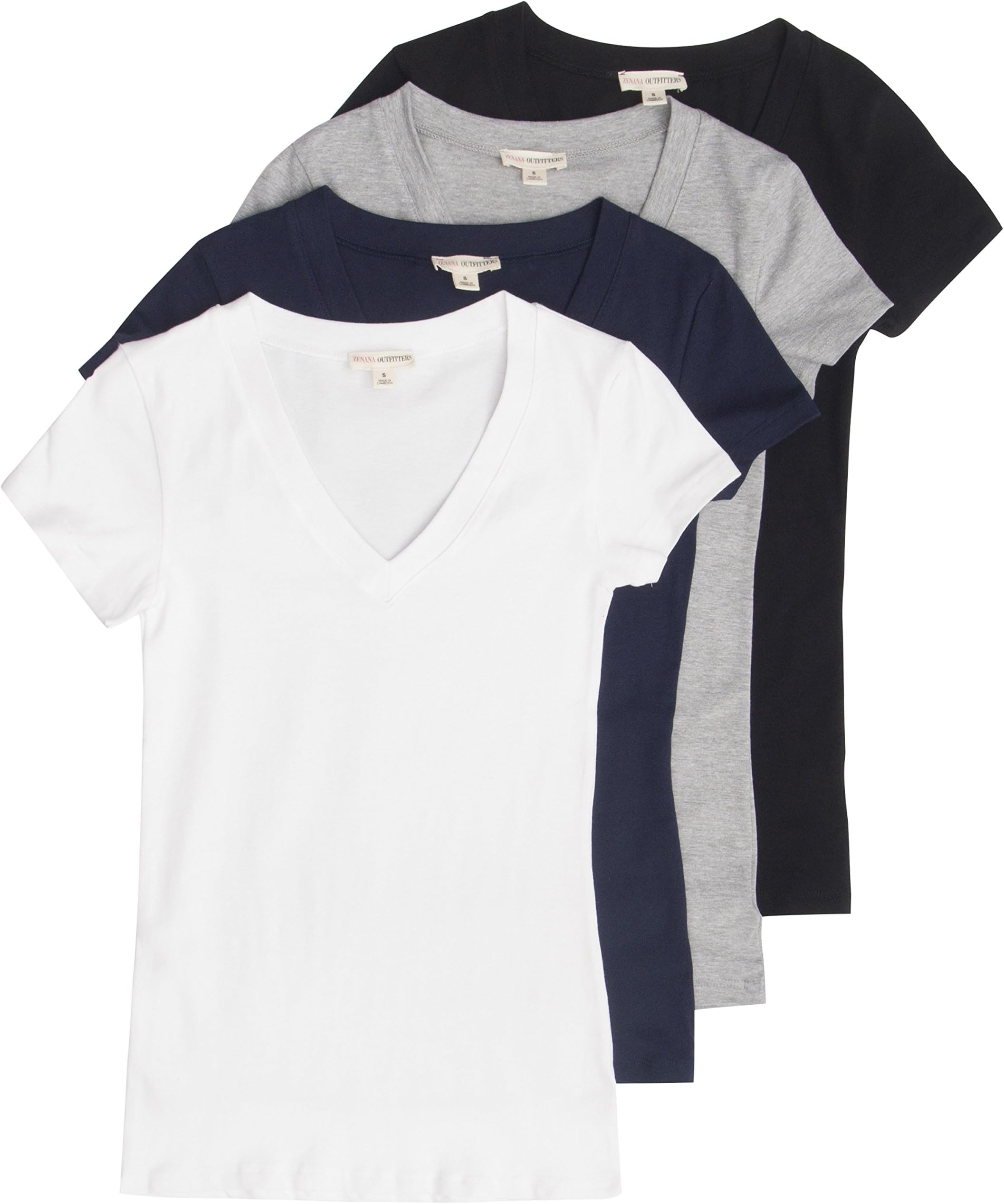 4 Pack Zenana Women's Basic V-Neck T-Shirts Large Black, White, Navy, H Gray