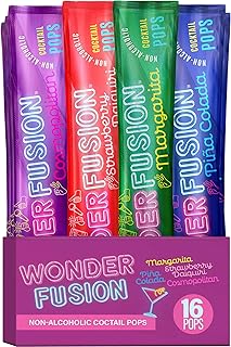 Wonder Fusion Non-Alcoholic Cocktail Freeze Pops Variety Pack - 16 Ice Pops | Margarita, Strawberry Daiquiri, Pina Colada & Cosmopoliton | Refreshing Freezer Bars | Great for the Beach, BBQs, Picnics, Parties | Kosher