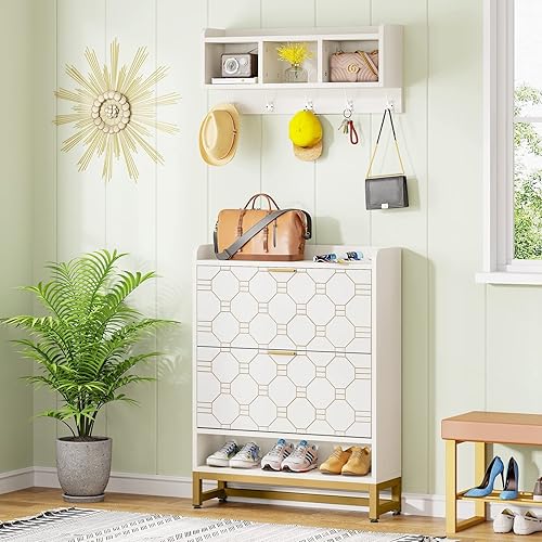Modern Shoe Cabinet with Coat Rack for Entrywayfree Standing Organizer White Metal Wood Includes Hardware