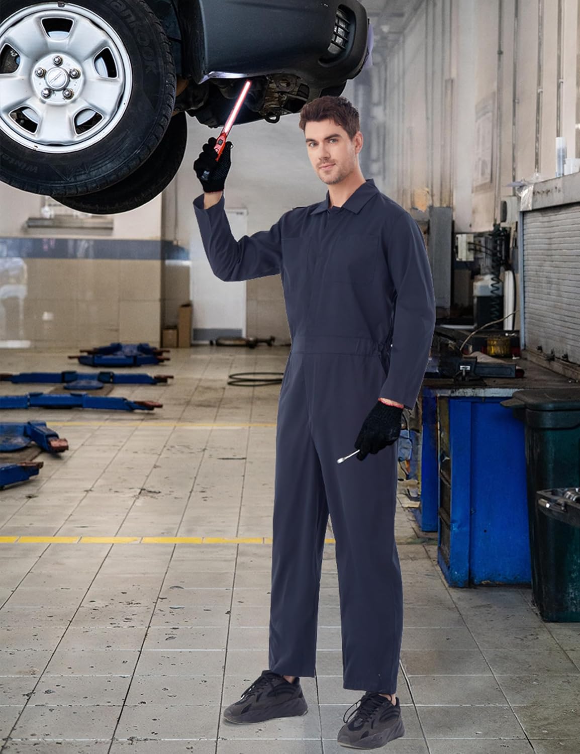 Adult Halloween Killer Costume Navy Blue Coverall Men Jumpsuit with Blood Knife Killer Horror Cosplay Costume Set - Image 3