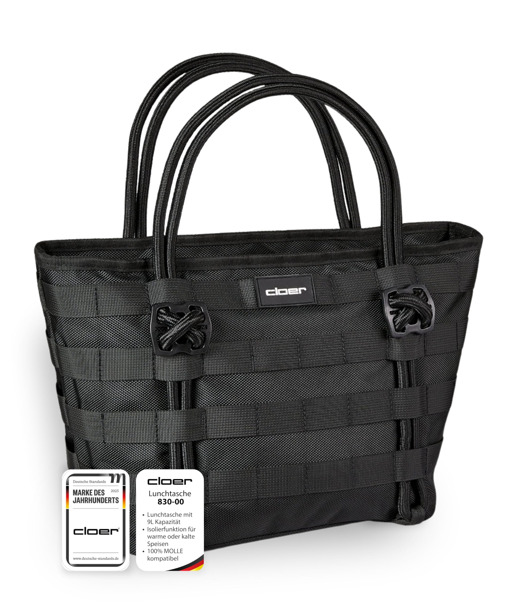 Cloer 830-00 Lunchtasche Ms Molly für kalte und warmen Speisen, Lunchbag, 100% MOLLE kompatibel, Polyester und TPU, 9 Liter, Schwarz
