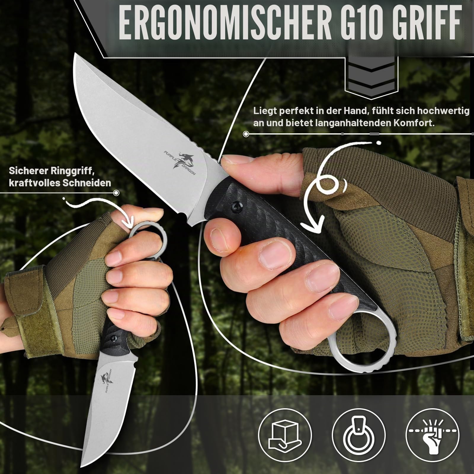 Purple Dragon Outdoor Survival Messer,D2 Stahl Klinge,Schwarz G10 Ringgriff
