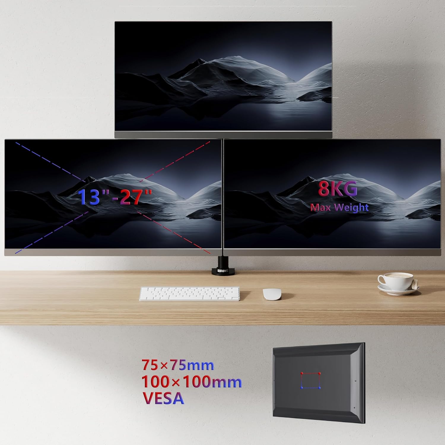 Duronic Triple Monitor Arm Stand DM253 | Multi 3 PC Desk Mount | Steel | Adjustable | for Three 13-27 Inch LED LCD Screens | VESA 75/100 | 17.6lbs Per Screen | Tilt -90°/+35°,Swivel 180°,Rotate 360°