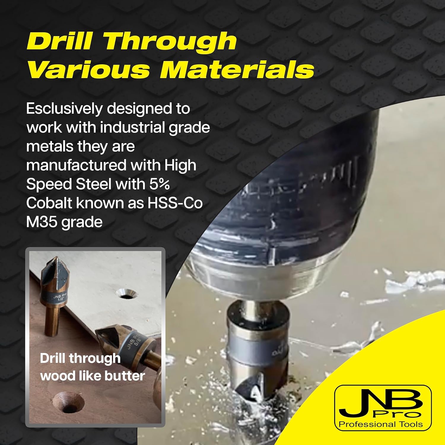 JNB Pro 5PC Countersink Bits for Steel - Sizes 1/4" 3/8" 1/2" 5/8" 3/4", Metal Working Countersinks, 5 Flute Design 82° M35 HSS 5% Cobalt Grade Bit 1/4" Shank - Ideal for Stationary or Hand Drill