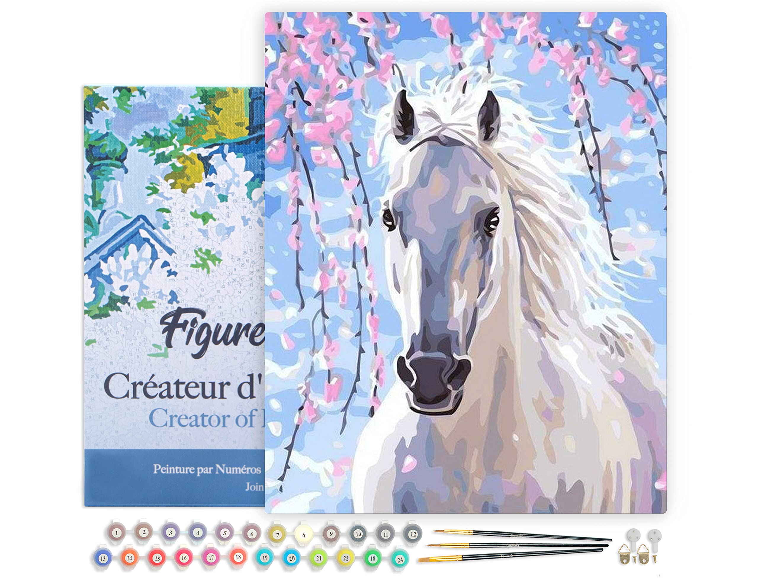 Figured'Art Dipingere con i Numeri con Telaio - Paint by Numbers Cavallo Bianco E Fiori, Passatempo per Adulti, Kit Completo, Hobby Creativi - Quadri fai da te 40x50cm Tela Già Incorniciata