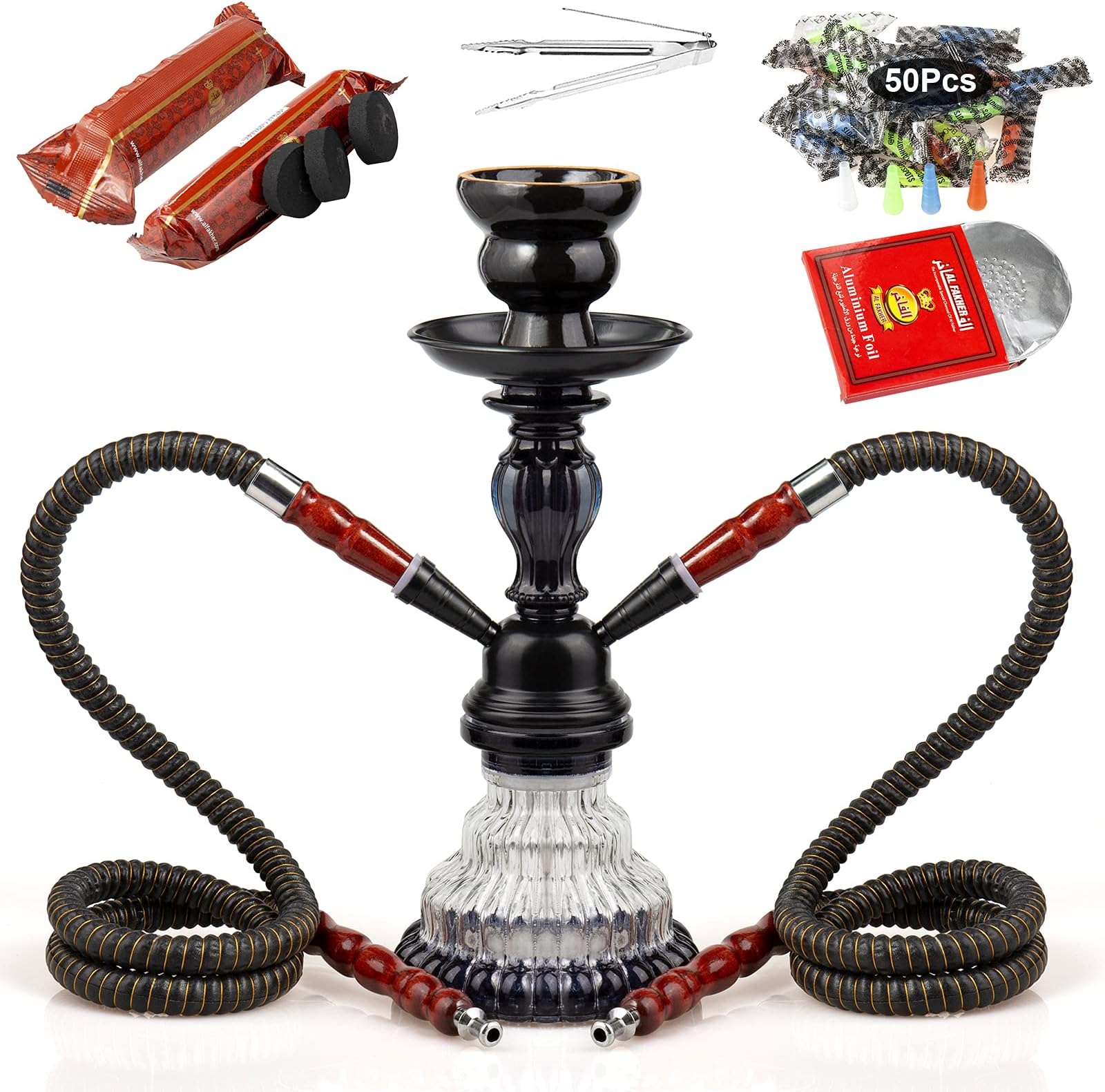 2 Hose Hookah Set, 11” Glass Hookah Shisha with Stable Glass Vase Base with Coals, Tips and Foil Covers, Ready Gift