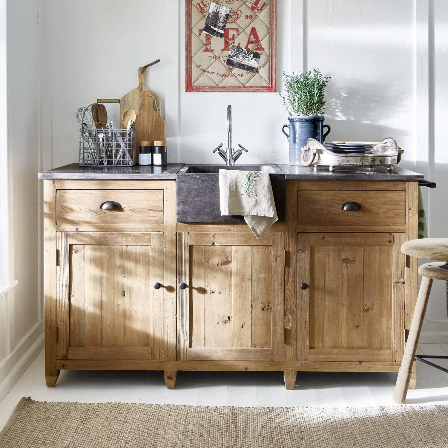 Loberon Spülenschrank Deaton - Landhaus Stil, Tannenholz & Stein, Braun