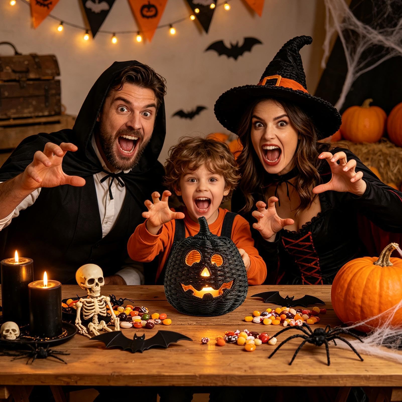 Pleciona dynia Halloween straszna czerń, realistyczna | Halloween kosz z dynią z pokrywką do domu salon stół gzyms kominkowy kominek wejście parapet