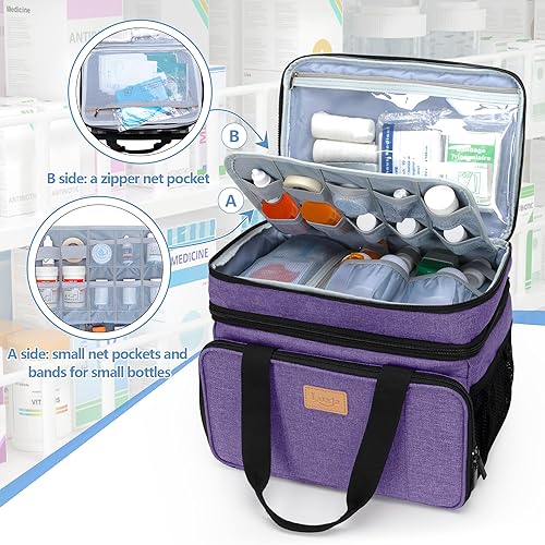 Vista 2 de LUXJA 2 Layers Medicine Bag with Detachable Divider, Pill Bottle Organizer Suitable for Home or Travel Use, Purple Púrpura