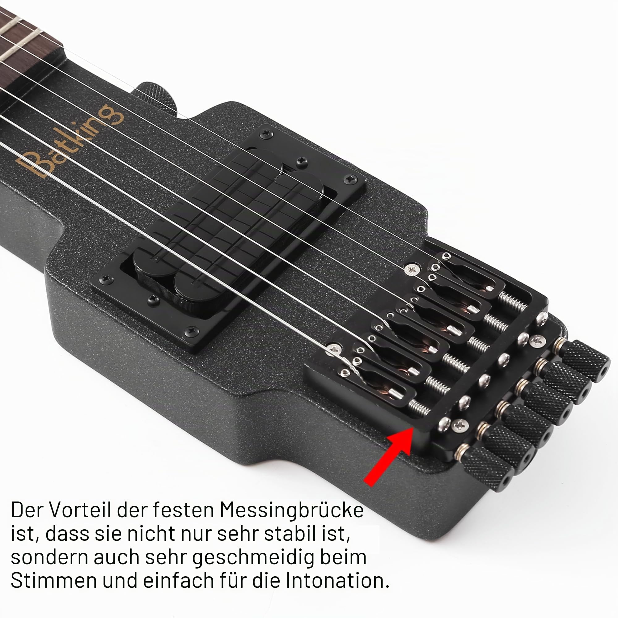 Batking Reise-E-Gitarre, kopflose Gitarre mit 6 Saiten, einteiliger kanadischer Ahornhals, durchgehendes Korpusdesign, Messing-Steg-Befestigung mit Gigbag