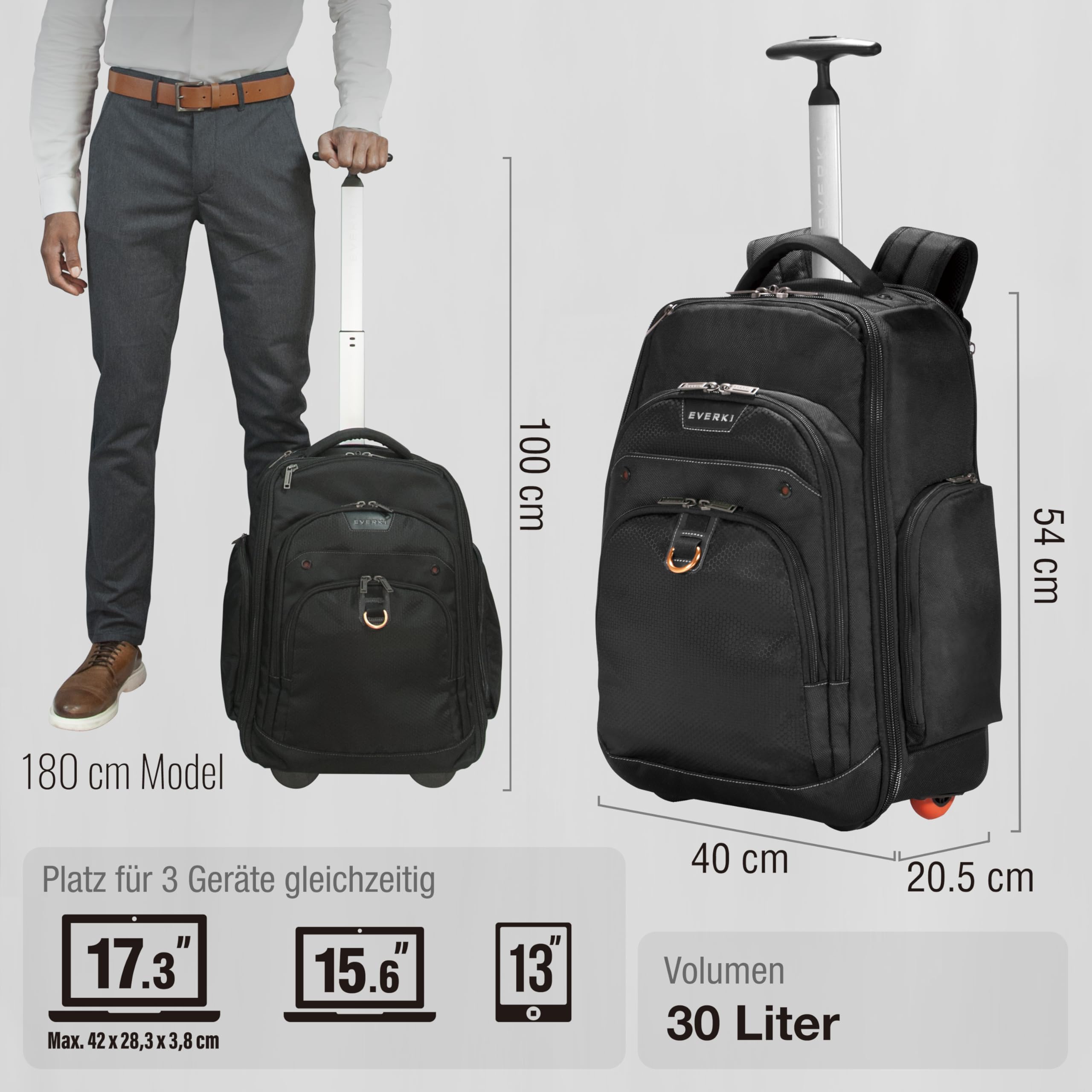 Everki 122 Atlas Wheeled Laptop Rucksack mit Rollen für 13 bis 17,3 Zoll Laptops - Plus Kit mit Kabeltasche, Handgepäck Trolley, Schwarz, 30L
