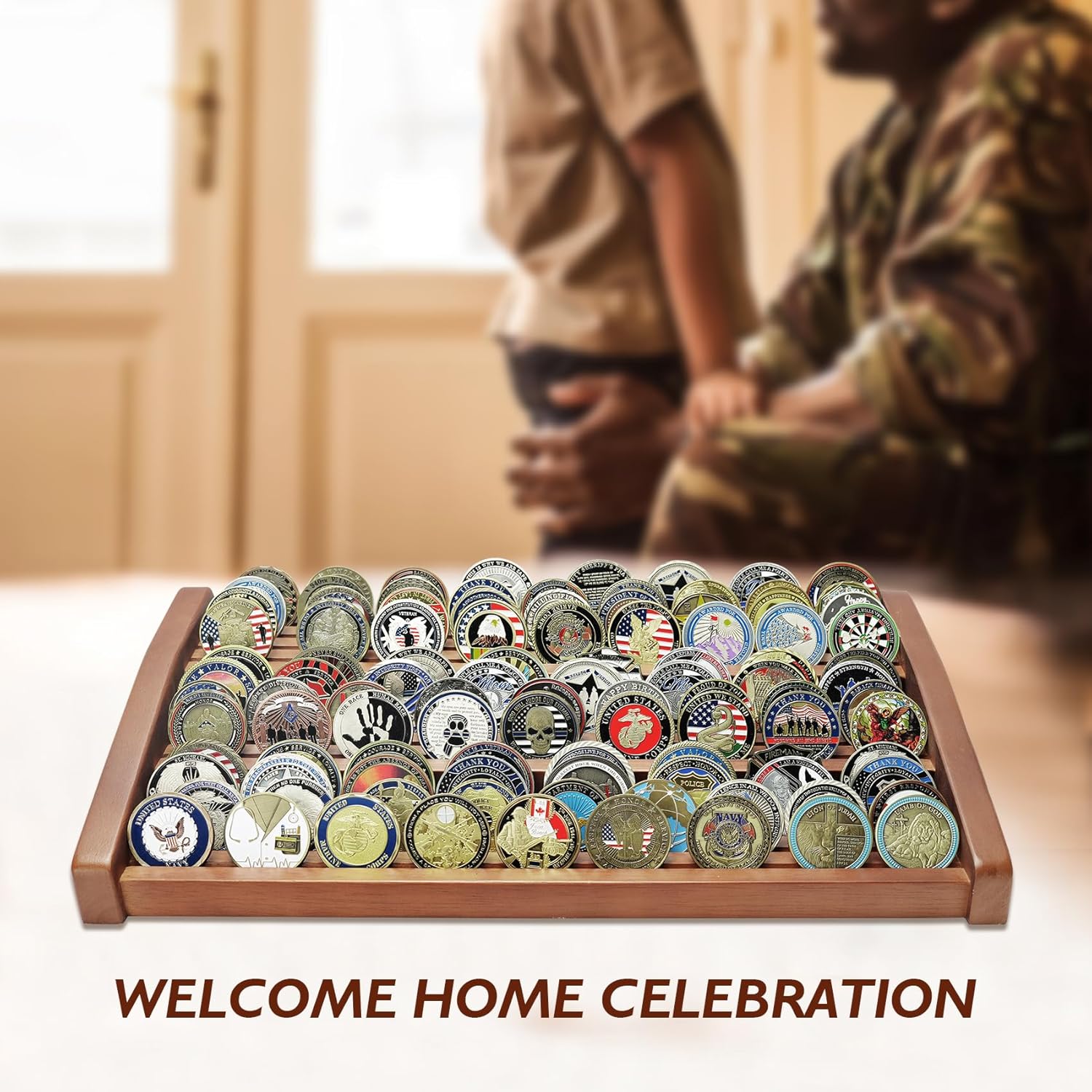 ASmileIndeep 12 Rows Solid Wood Military Challenge Coin Display Stand Holds 90-100 Coins Army Coin Holder Display Police Coin Rack for Countertop, Walnut