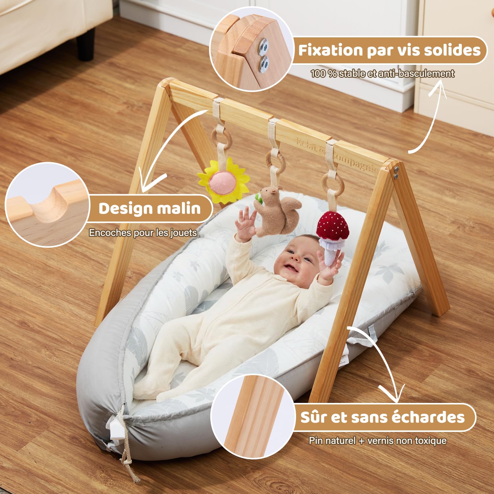 Eclat & Compagnie - Arche Éveil Bébé en Bois - Portique Montessori avec Logo Gravé - Structure Stable avec Vernis Naturel - Arche Bebe Cadeau Naissance et Anniversaire - 4