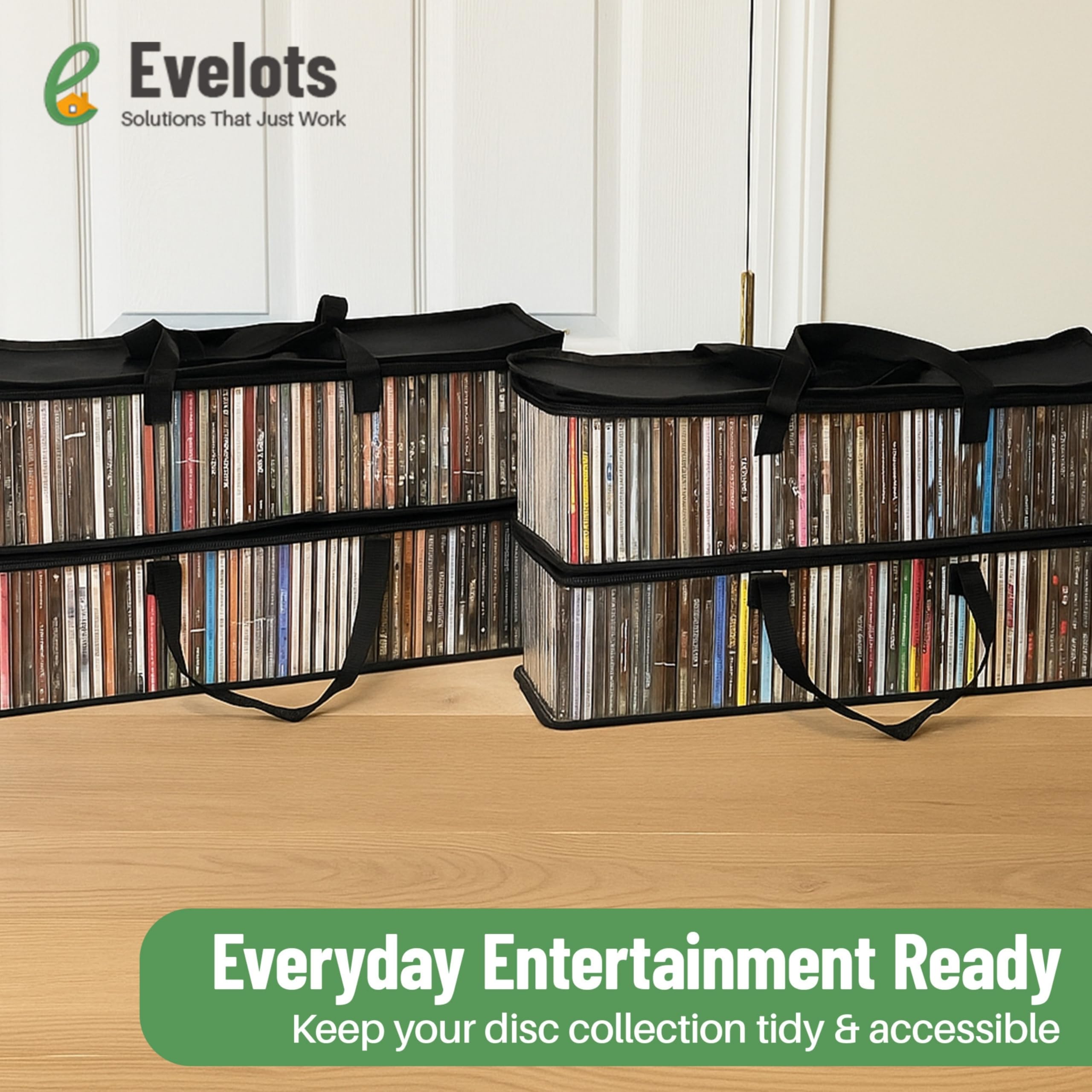 Evelots Bolsas de almacenamiento de CD (paquete de 4) funda de transporte de plástico PVC transparente con cremallera, capacidad para 400 CD en total, asas fuertes, protege CD, videojuegos, música de