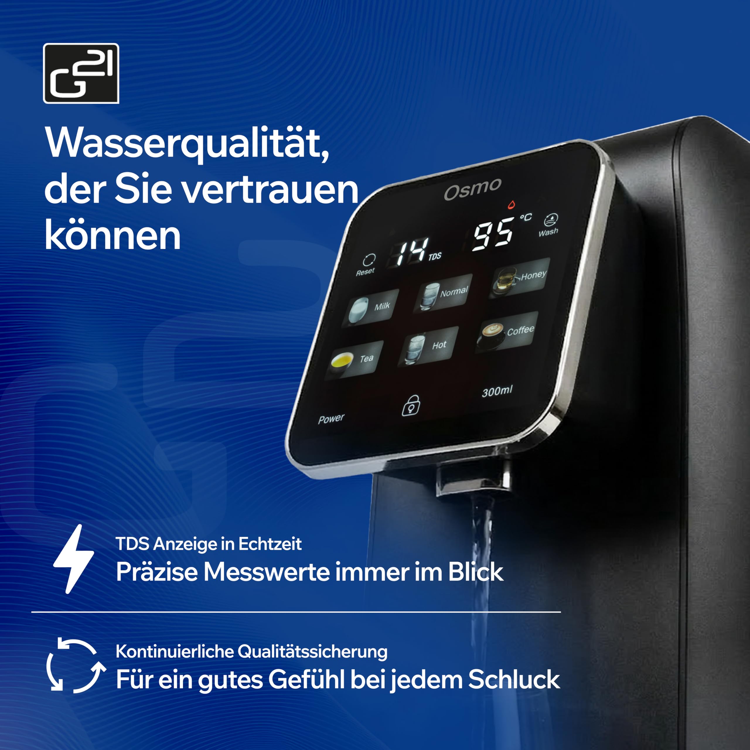 G21 Osmo Umkehrosmoseanlage Trinkwasser 3L 1:1 Rein- zu Abwasserverhältnis Heißwasserfunktion 6 Temperaturstufen 25-95°C Wasserqualitätsanzeige Kindersicherung Schwarz