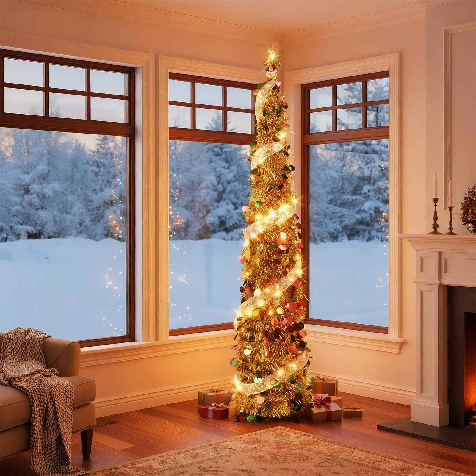 Albero di Natale 150cm pop up dorato slim con paillettes rosse e verdi, albero di Natale pieghevole per caminetto, soggiorno, ufficio, angolo, decorazioni feste, montaggio veloce