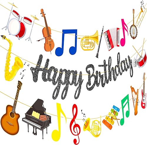 Cartel de fiesta de cumpleaños con instrumentos musicales, decoración de músico, guirnalda de feliz cumpleaños con purpurina negra para tema