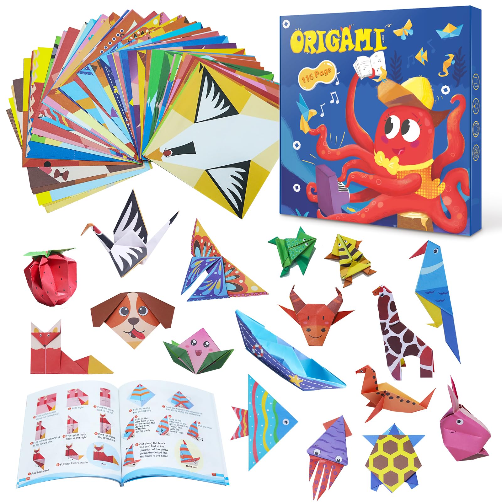 Origami Kit for Kids Ages 8-12, 116 Sheets Paper with 54 Patterns & Guiding Book, Art and Craft Gifts for Birthdays, Christmas, Travel-image-30