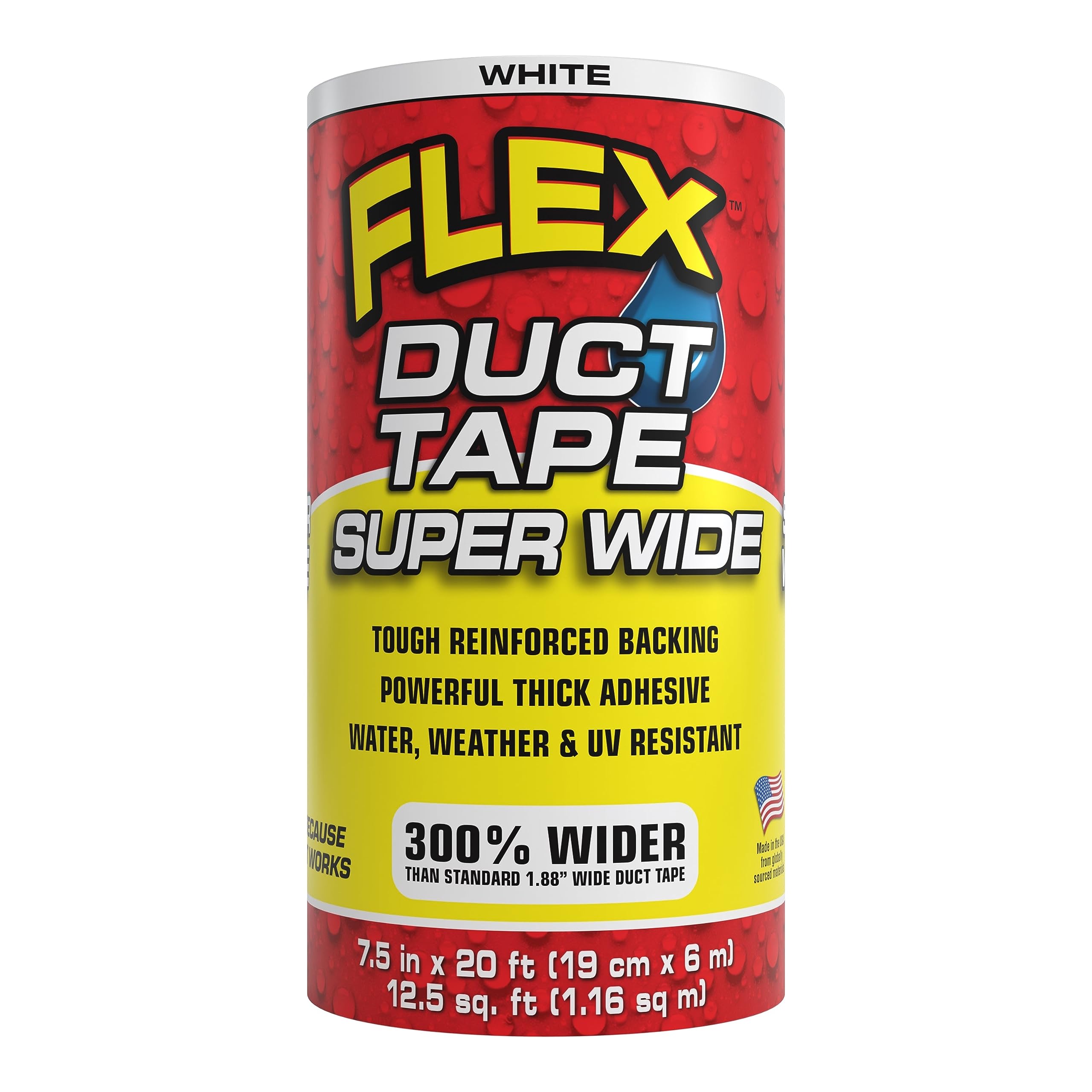 Flex Duct Tape, Super Wide, 7.5 Inches x 20 Feet, White, Heavy Duty Strong, Multi-Surface, Water, Weather and UV Resistant, Tearable, Perfect for