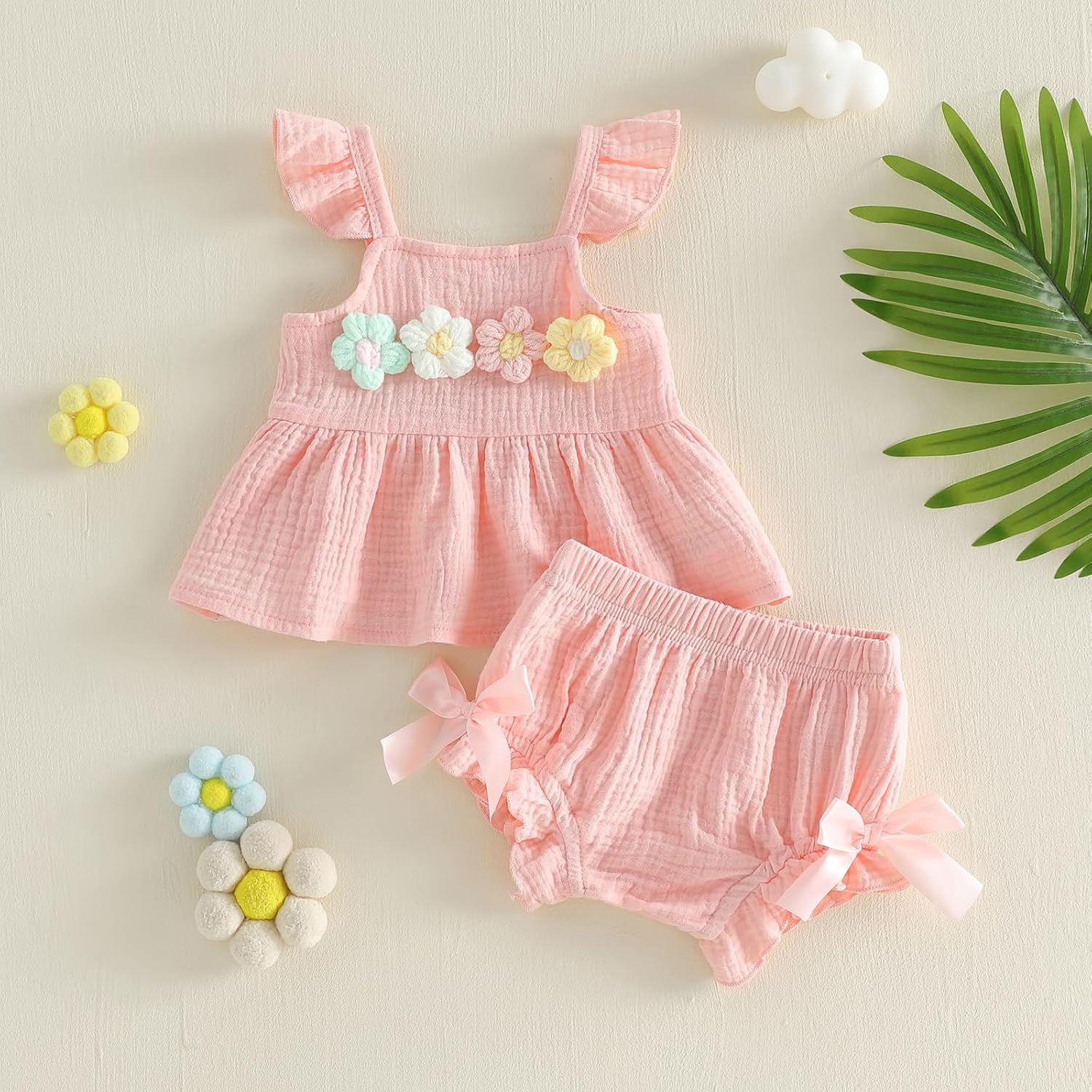 Amnnchya Newborn Girl Clothes Baby Summer Outfit 3D Floral Fly Sleeve Ruffle Tank Tops Matching Cute Bow Shorts Outfits Set