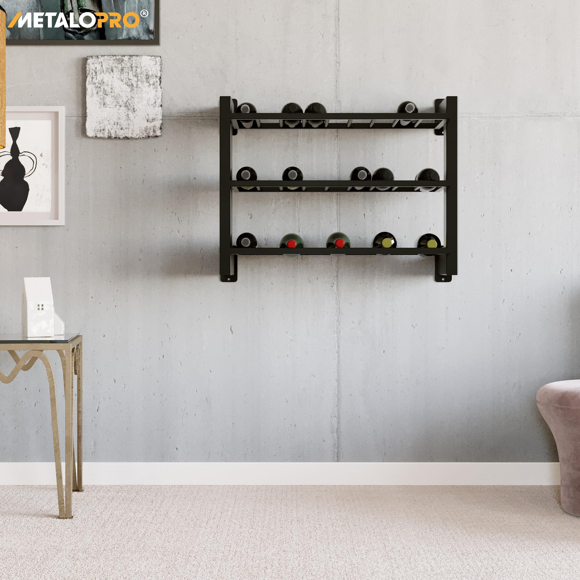 Botellero de metal para 27 botellas de vino, diseño resistente, soporte para cocina, sótano o bar, color negro