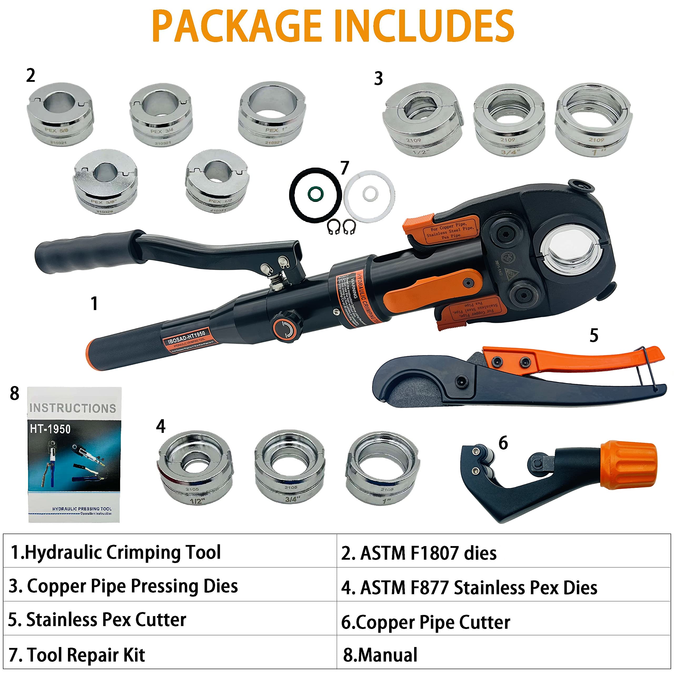 IBOSAD Hydraulic Copper Pipe Tube Fittings Crimping Tool with1/2,3/4,1