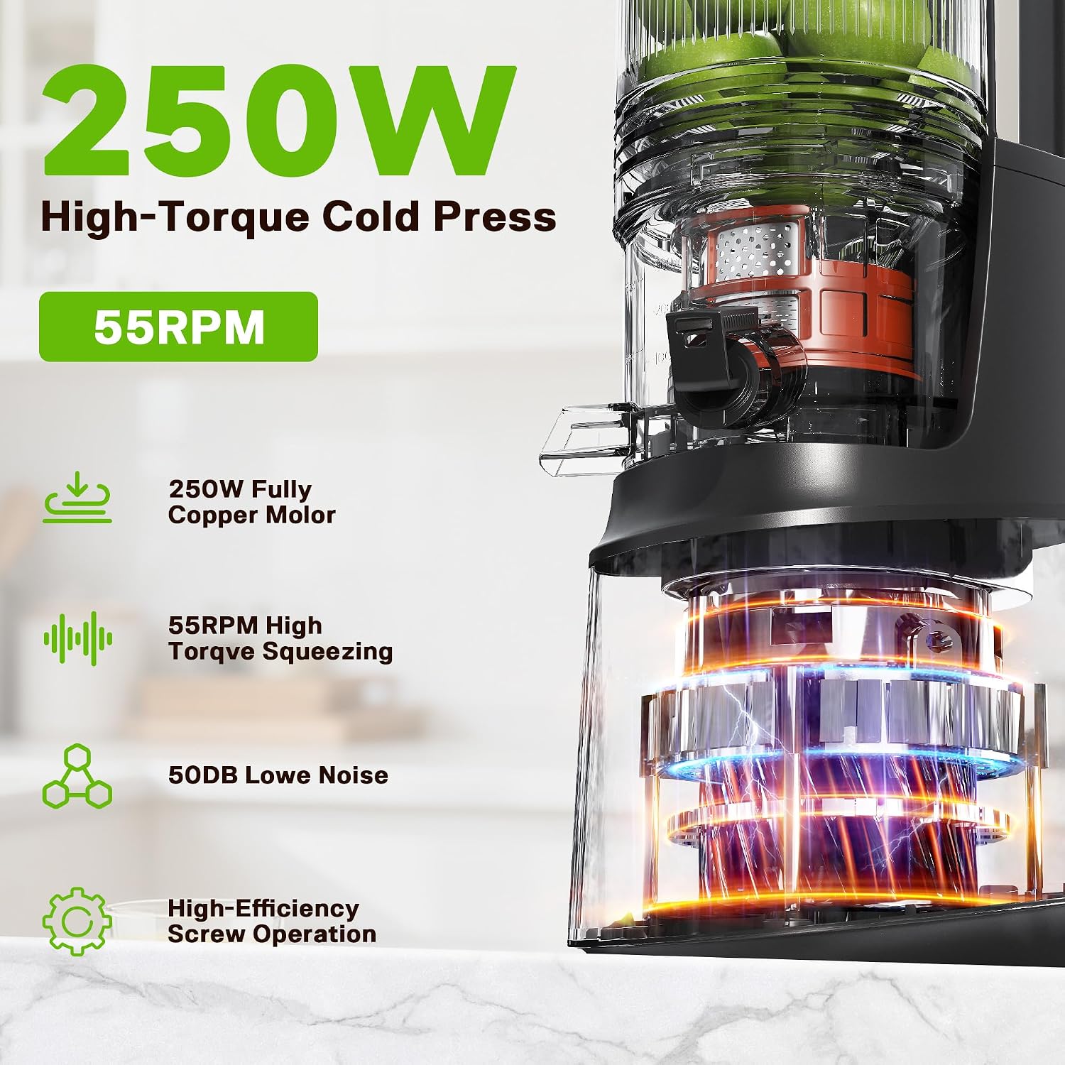 Cold Press Juicer, Juicer Machines with 5.3" Wide Feed Chute, Slow Masticating Juicer for High Yield with Whole Fruits and Vegetables (Black)