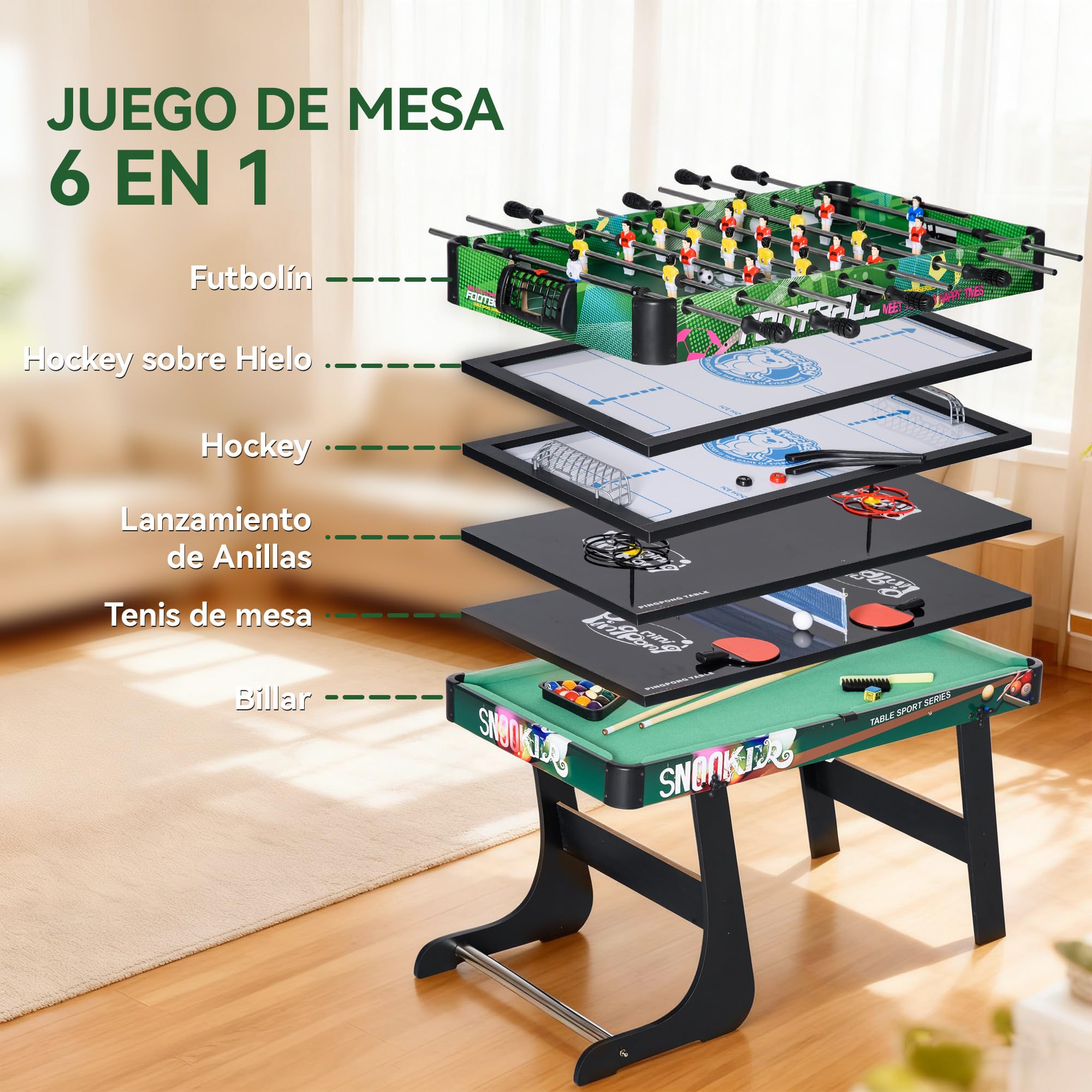 HOMCOM Mesa Multijuegos 6 en 1 Plegable para Niños de 7+ Años Mesa de Juegos Billar Futbolín Ping Pong Aro de Lanzamiento Hockey sobre Hielo Aire Hockey 118x104x71 cm Multicolor