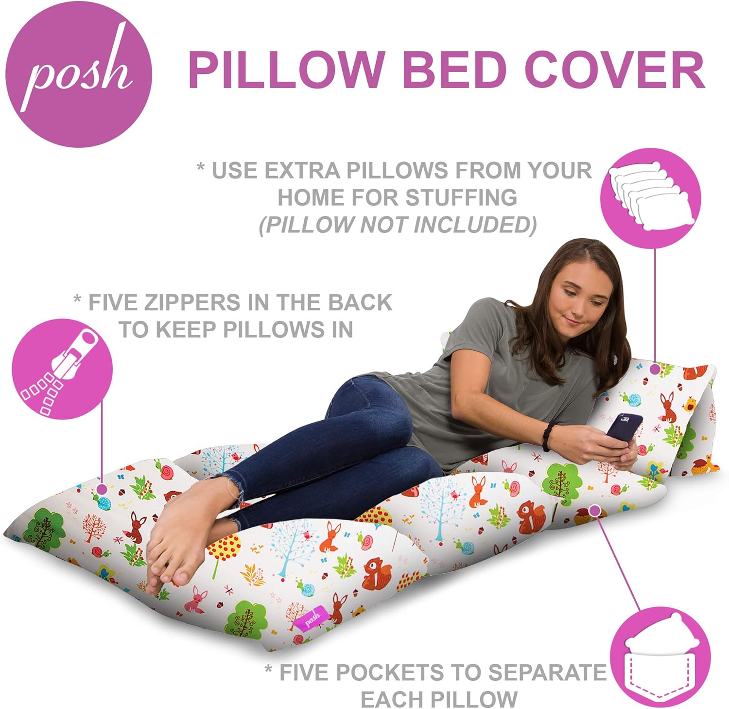 Kids Floor Pillow Cover - Premium Cushion and Lounger Covers for Pillows (King Pillows NOT Included) - Gifts for Teenage Girls, King Pillow Size, Canvas - Animals Forest Critters