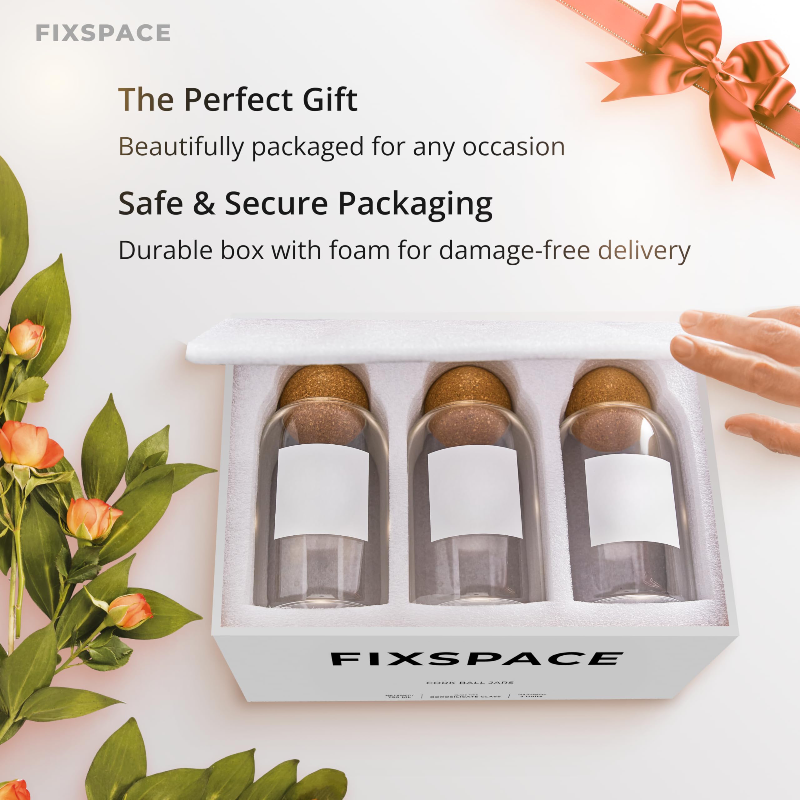 Fix Space Tee Kaffee Zucker Dosen - Set mit 3 einzigartigen Korkkugel-Glasdosen - Stilvolle Tee- und Kaffeedosen mit wasserdichten, abnehmbaren Etiketten - Ideal für die Organisation der Küche (750ML)