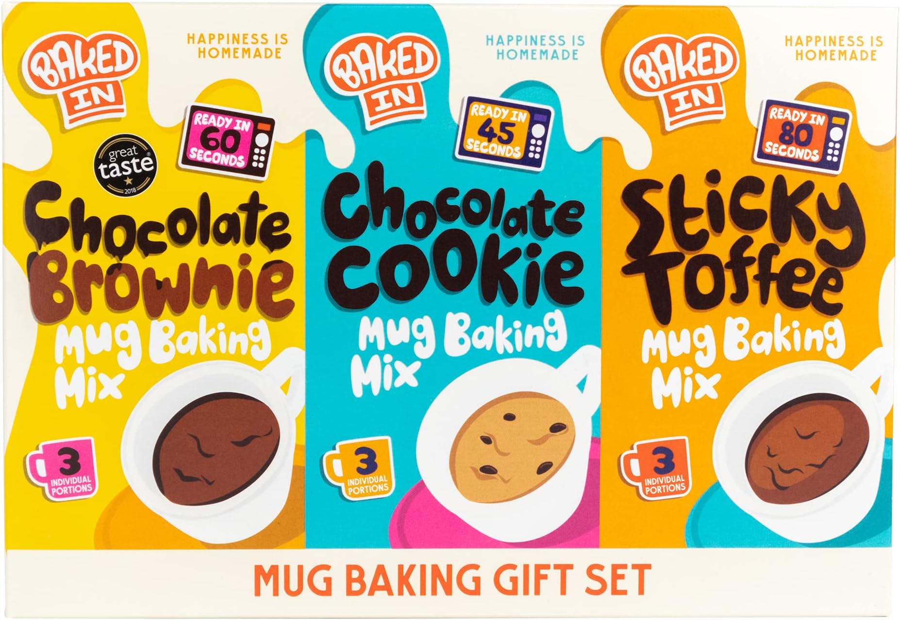 Bakedin - Mug Cake Gift Set - Delicious and Easy to make - 9 Mug Cake mixes (3 Mug Brownie mixes, 3 Mug Cookie mixes, 3 Sticky Toffee Mug Pudding mixes) - 505g