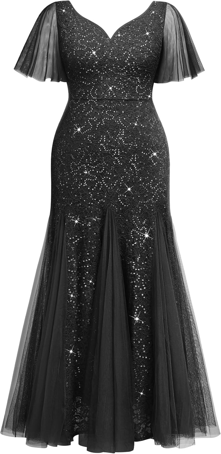 Miusol Women's Plus Size Sequins Lace Tulle Mermaid Hemline Sweetheart V Neck Formal Evening Party Maxi Dress - Image 5