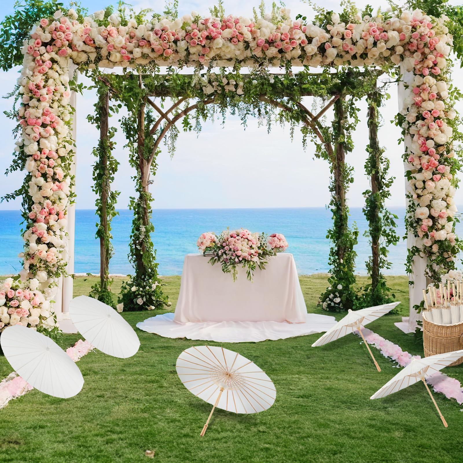 Papierschirme, chinesisch, japanisch, geöltes Papier, kleiner Papierschirm, DIY, Malerei, geöltes Papier, Sonnenschirm für Hochzeit, Brautparty, Dekoration, 60 cm, Weiß