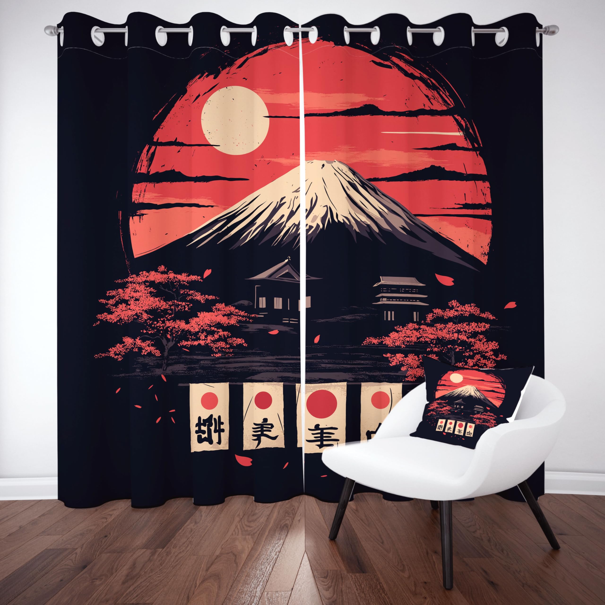 Cortinas opacas con diseño de templos japoneses para sala de estar, estilo tradicional japonés; cortinas térmicas opacas con diseño de acuarela y sol rojo para dormitorio infantil o juvenil (juego de