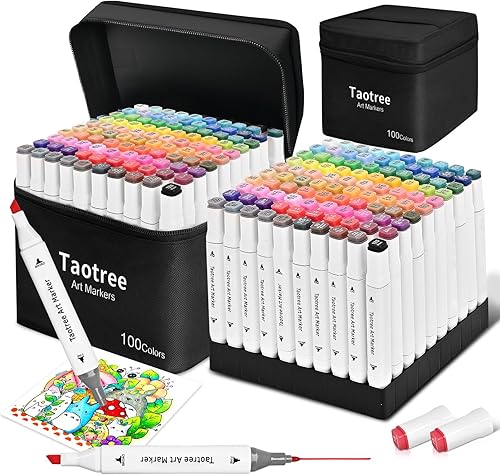 Taotree Marcadores de alcohol de 100 colores con estuche y soportes, marcadores de doble punta para colorear, cincel y suministros de arte fino,