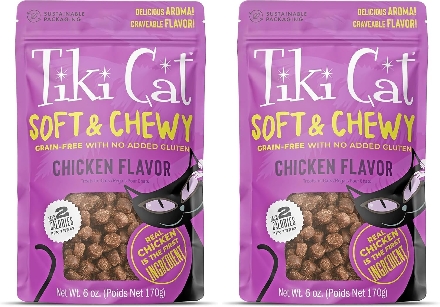 Tiki Cat Soft & Chewy Treats, Chicken Flavor, 3 Calories Per Treat with Grain-Free and No Added Gluten, 6 oz Pouch (Pack of 2)