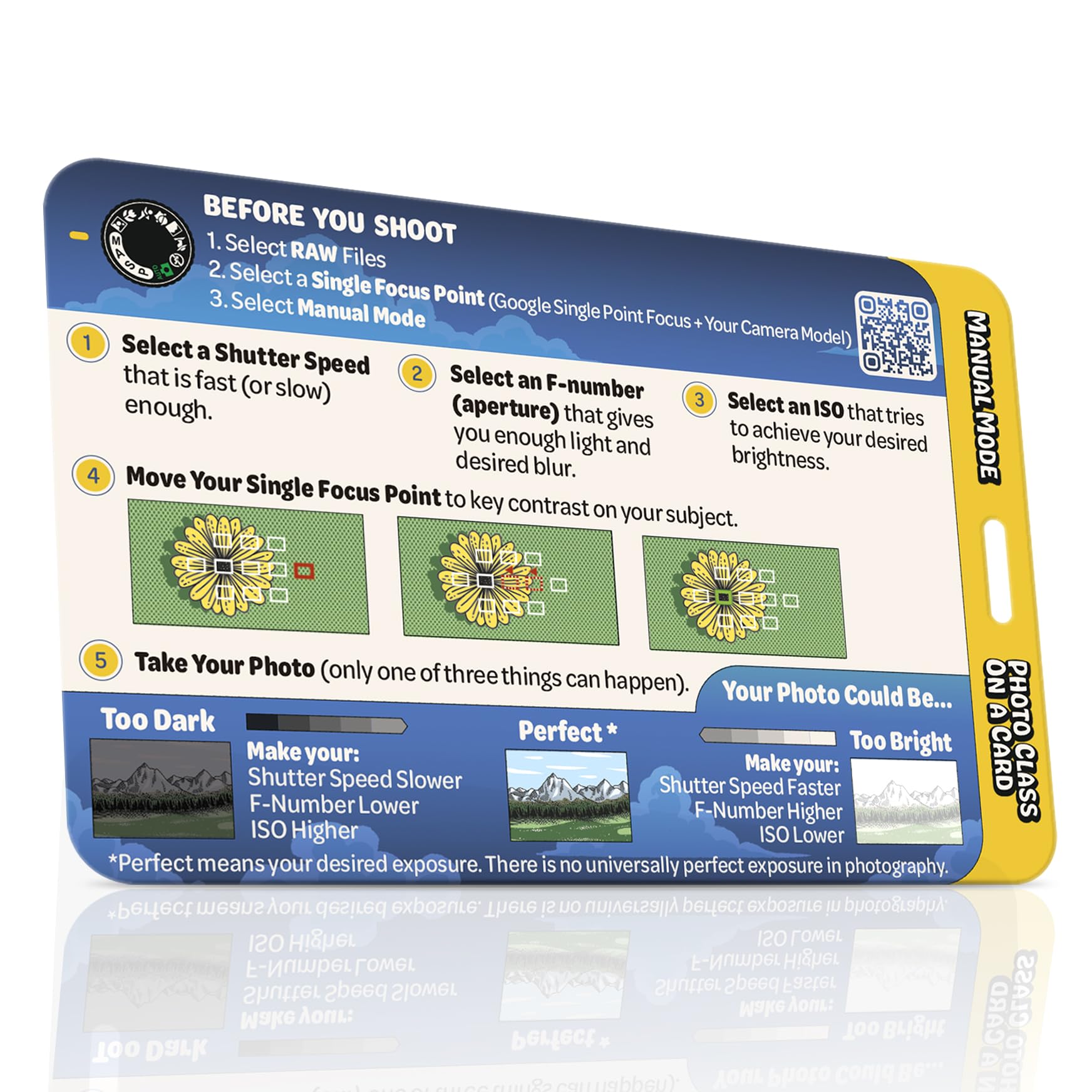 Manual Mode Photo Class on a Card & Exposure Guide - Manual Mode Cheat Sheet for Learning ISO, Aperture & Shutter Speed - Attaches to Camera Strap or Bag - Waterproof & Tear Resistant