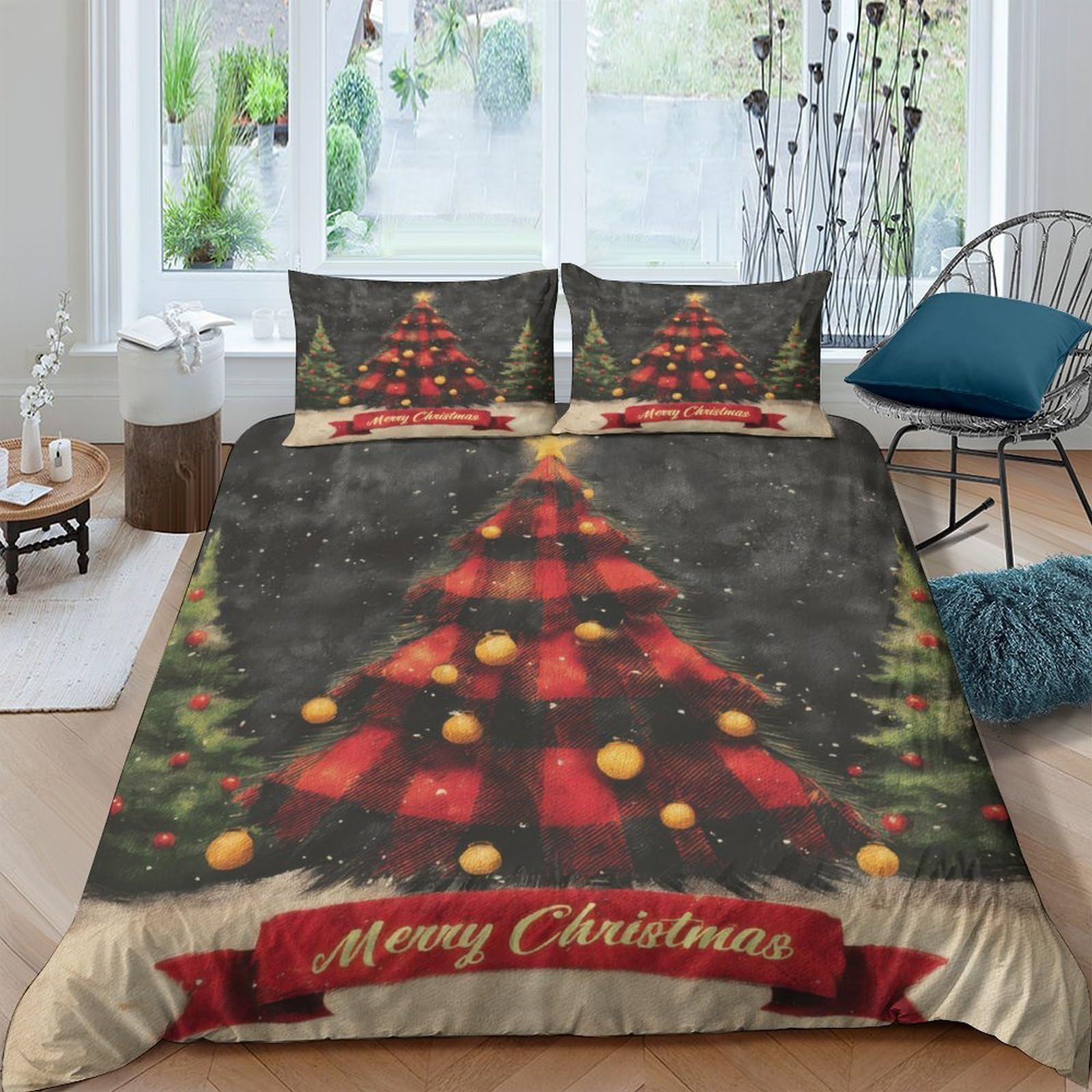 TUFRTGYHN 3D Printed Christmas Tree Duvet Cover Microfiber Soft Breathable Holiday Bedding Set with 2 Pillowcases for Bedroom Decor Single（135x200cm）