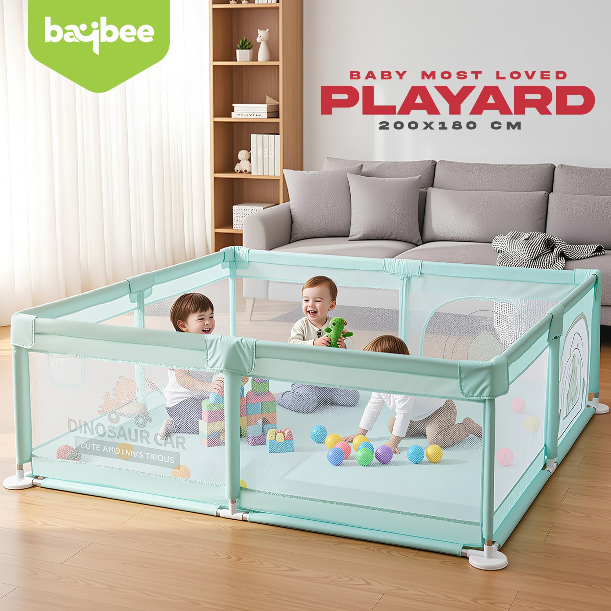Baybee JoyHub Kids Playpen for Babies | Baby Play Area Indoor Setup with Zipper Door & Toys Pouch | Kids Activity Playards with Corner Protection | Outdoor play pen for baby for 0 - 5 years Boys Girls (200 x 180 CM - Green) 1