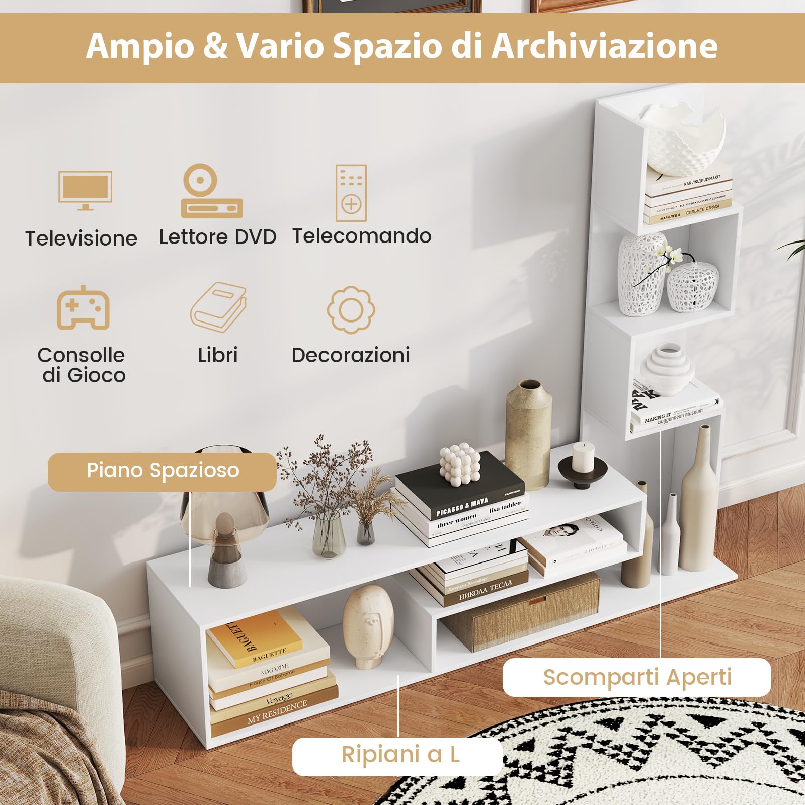 COSTWAY Mobile per TV a Cubi per TV Fino a 50”, Tavolo Console Media con Mensole di Stoccaggio a Forma di L e Scomparti Aperti, Centro di Intrattenimento per Soggiorno, Ingresso (Bianco)