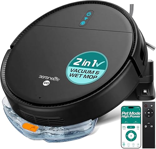 Miniatura 12 de SereneLife Robot aspirador automático y trapeador, edición Pro con batería mejorada, succión extrema, tanque de agua interno, control inteligente de
