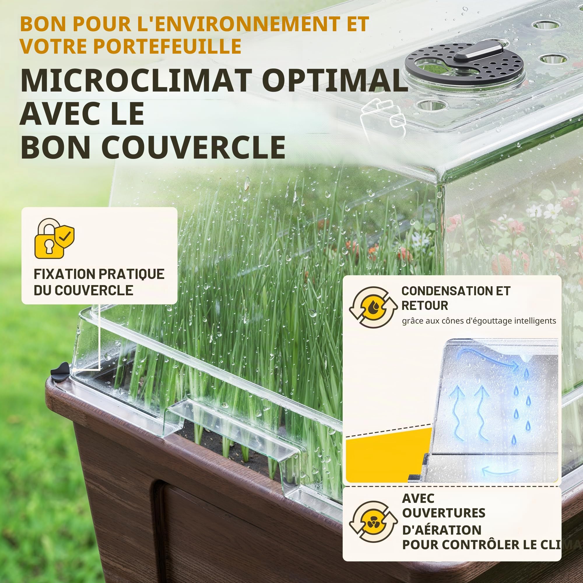 Ondis24 Victoria Jardinière de jardin pour balcon, jardinière avec serre, volume 50 l, réservoir d'eau, irrigation goutte à goutte, pieds amovibles, convient pour l'extérieur (marron)