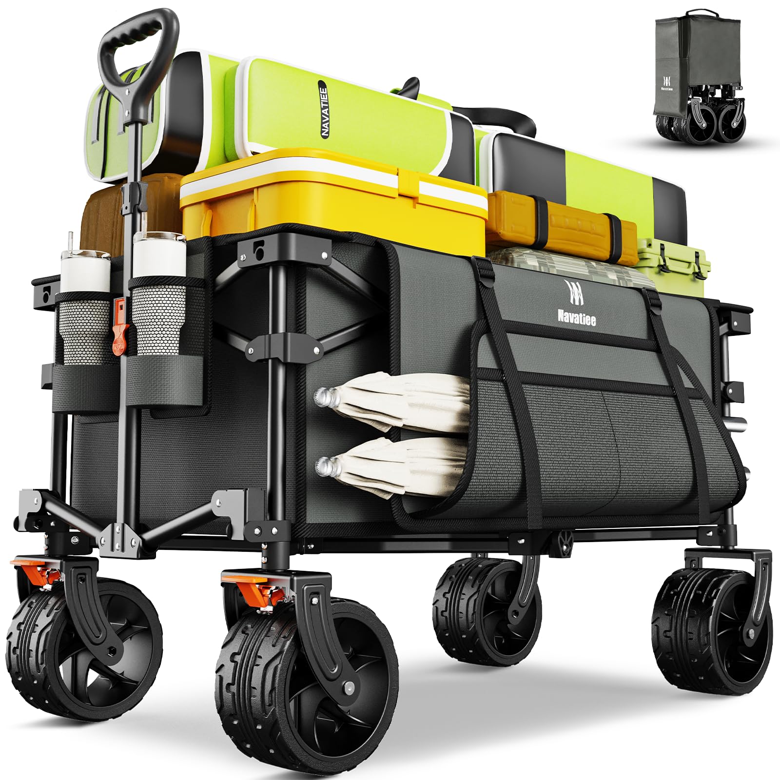 Navatiee Collapsible Folding Wagon, Beach Wagon Cart Heavy Duty Foldable with Big Wheels, Utility Grocery Wagon with Side Pocket and Brakes for Camping Garden Sports, T1, Grey-image-44