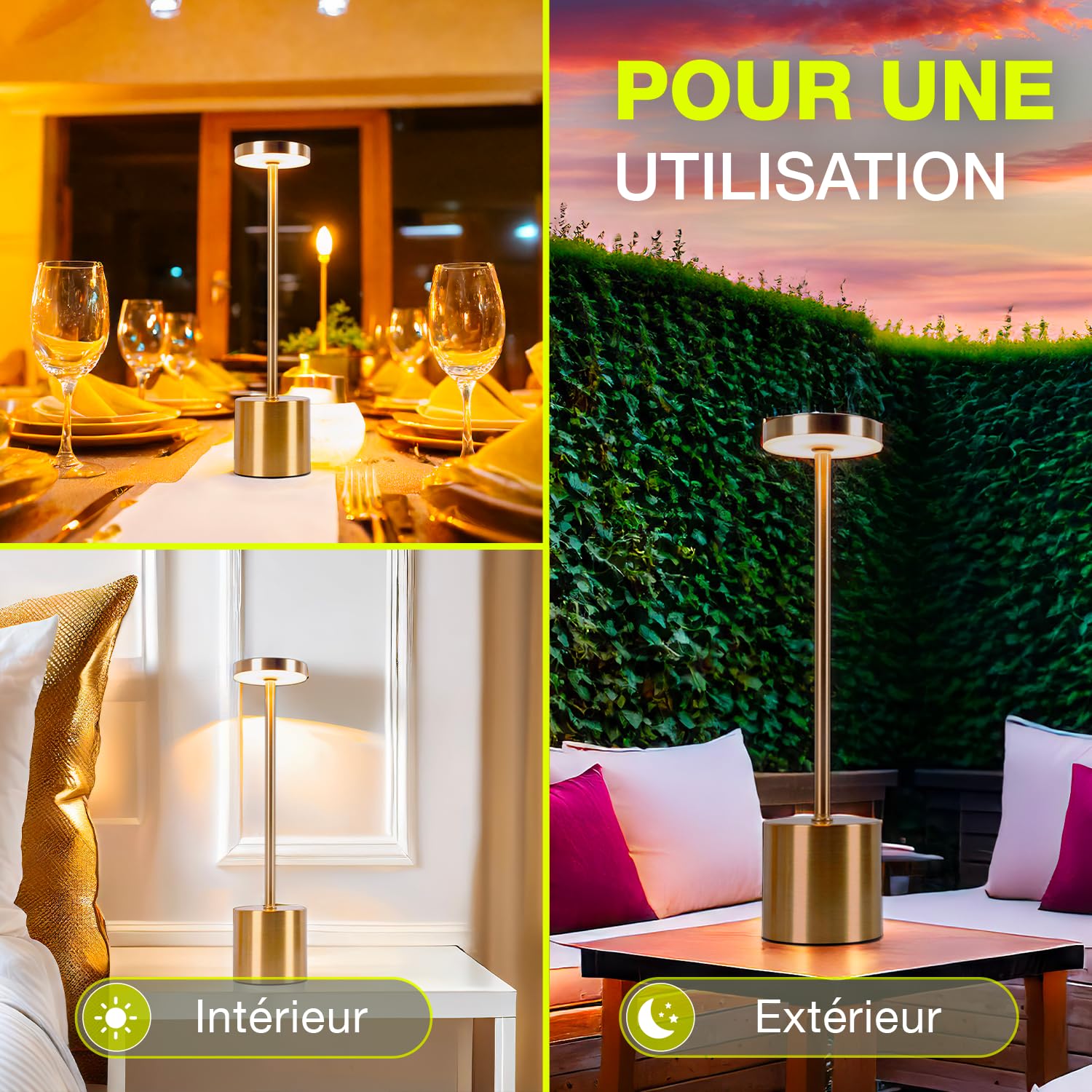 CATAVANA-Lot de 2 Lampes de table sans fil - Rechargeables LED pour Intérieur/Extérieur - Cable USB-C - Lampe Tactile avec Variateur - Design en Métal - Marque Française - Gold