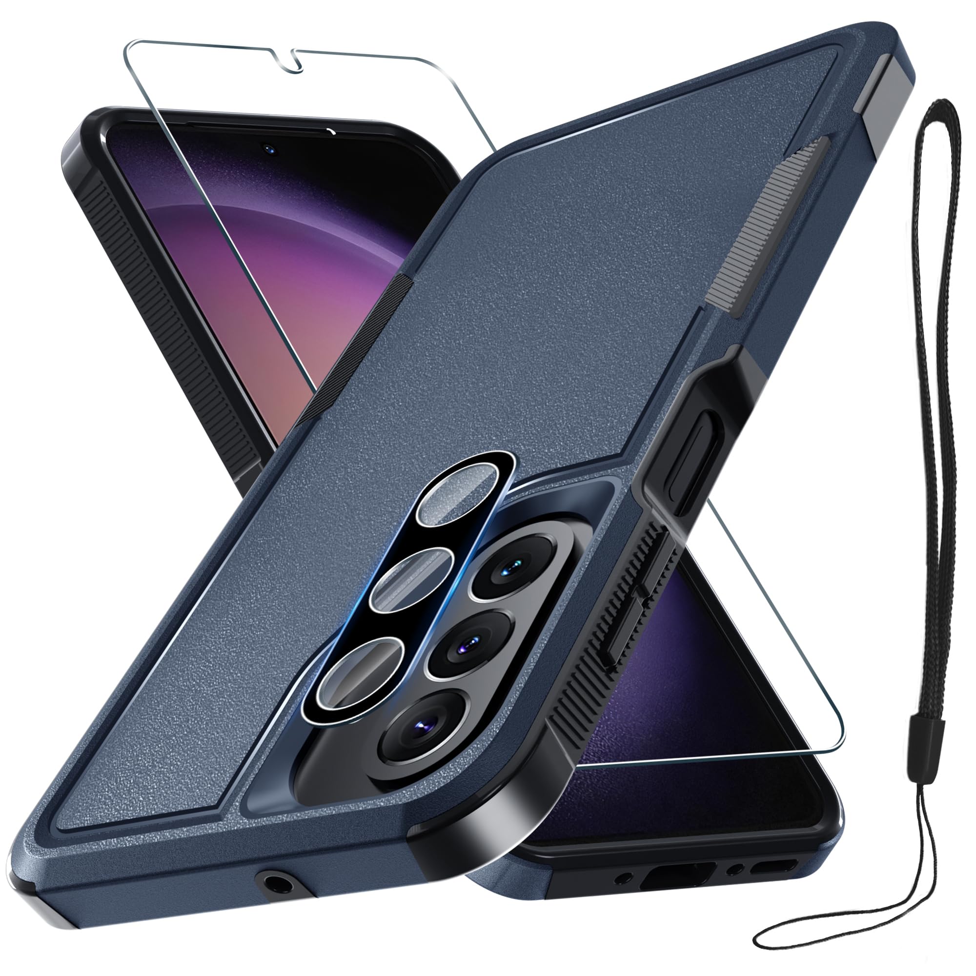 RMOCR Case for Samsung Galaxy A26, Full Body Heavy Duty Rugged Shockproof Protective Phone Cover with Lanyard Strap, Tempered Glass Screen Protector