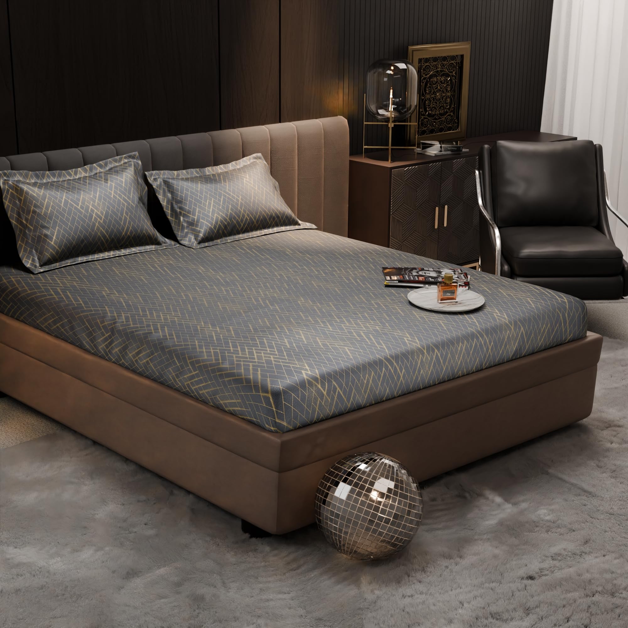 Stoa Paris 300TC UltraSatin King Fitted Bedsheet Set with 2 Pillow Covers, Gentle on Skin & Hair, Wrinkle & Fade Resistant, Home Decor, Gift for Couple, Starlit Night - Grey (183cm x 198cm + 30cm)-picture-13