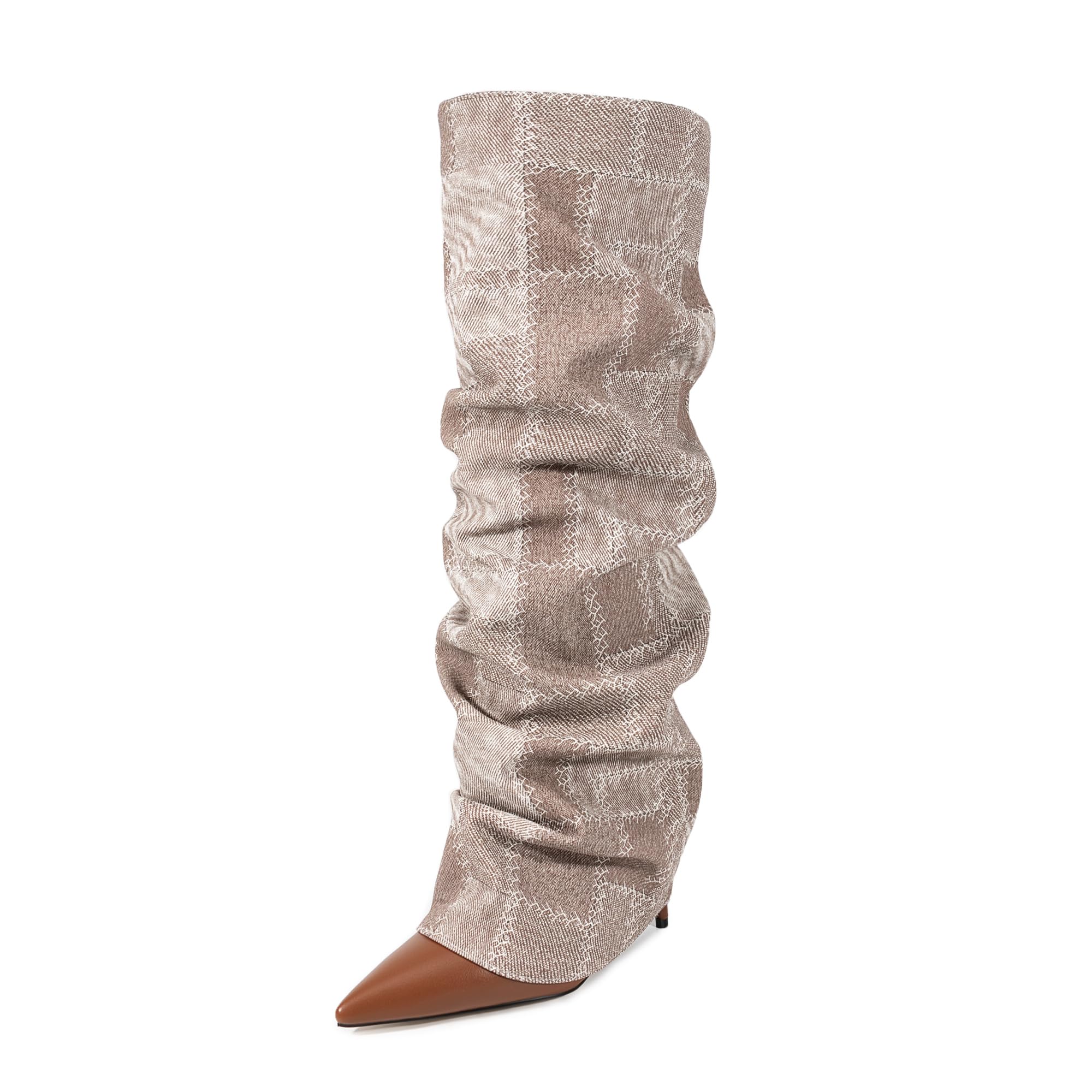 UP2STEP Vintage-Inspired Slouchy Dress Boots for Women Fold Over Design with Pointed Toe Stiletto High Heel Effortless Pull-On